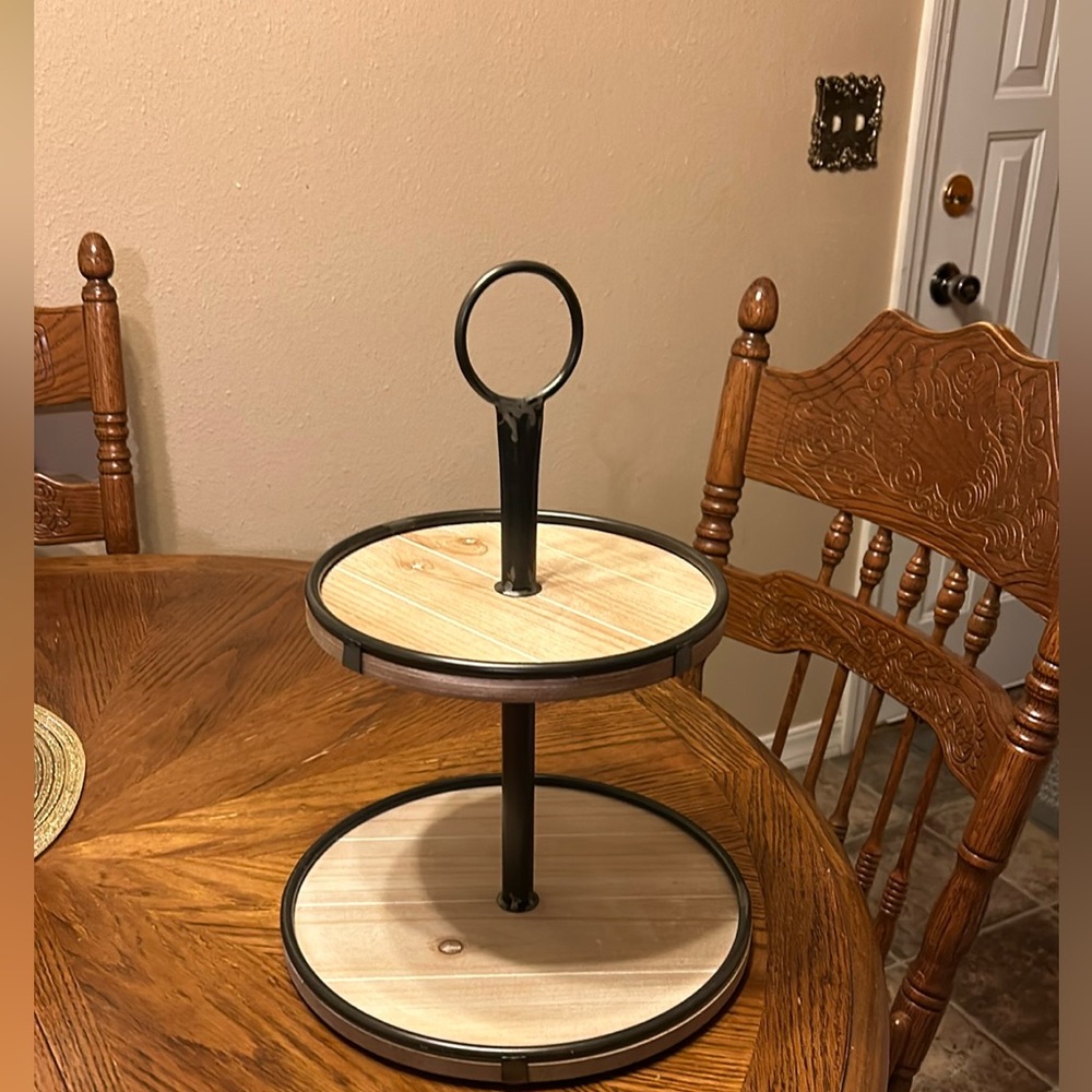 Wood and black metal tiered tray NWOT